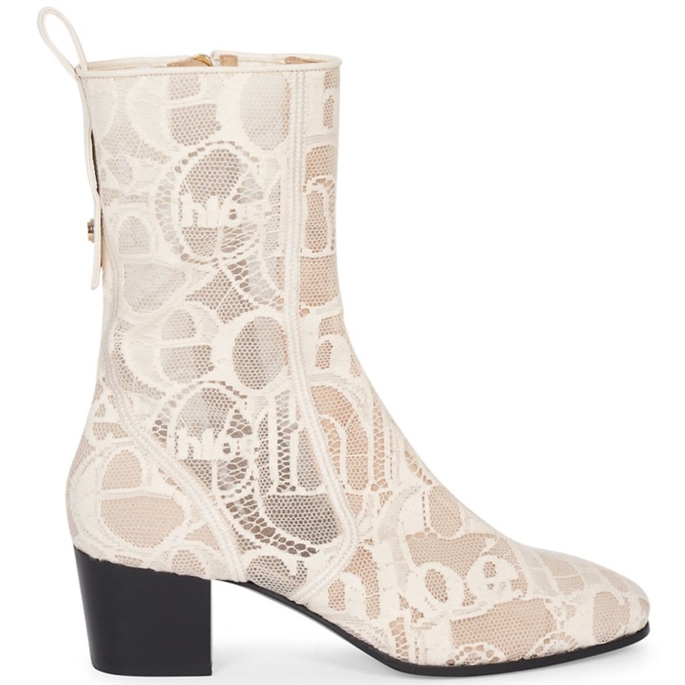 CHLOE GOLDEE LOGO LACE ANKLE BOOTS  IN CREAM LACE AND LEATHER BLOCK HEEL EU 38.5